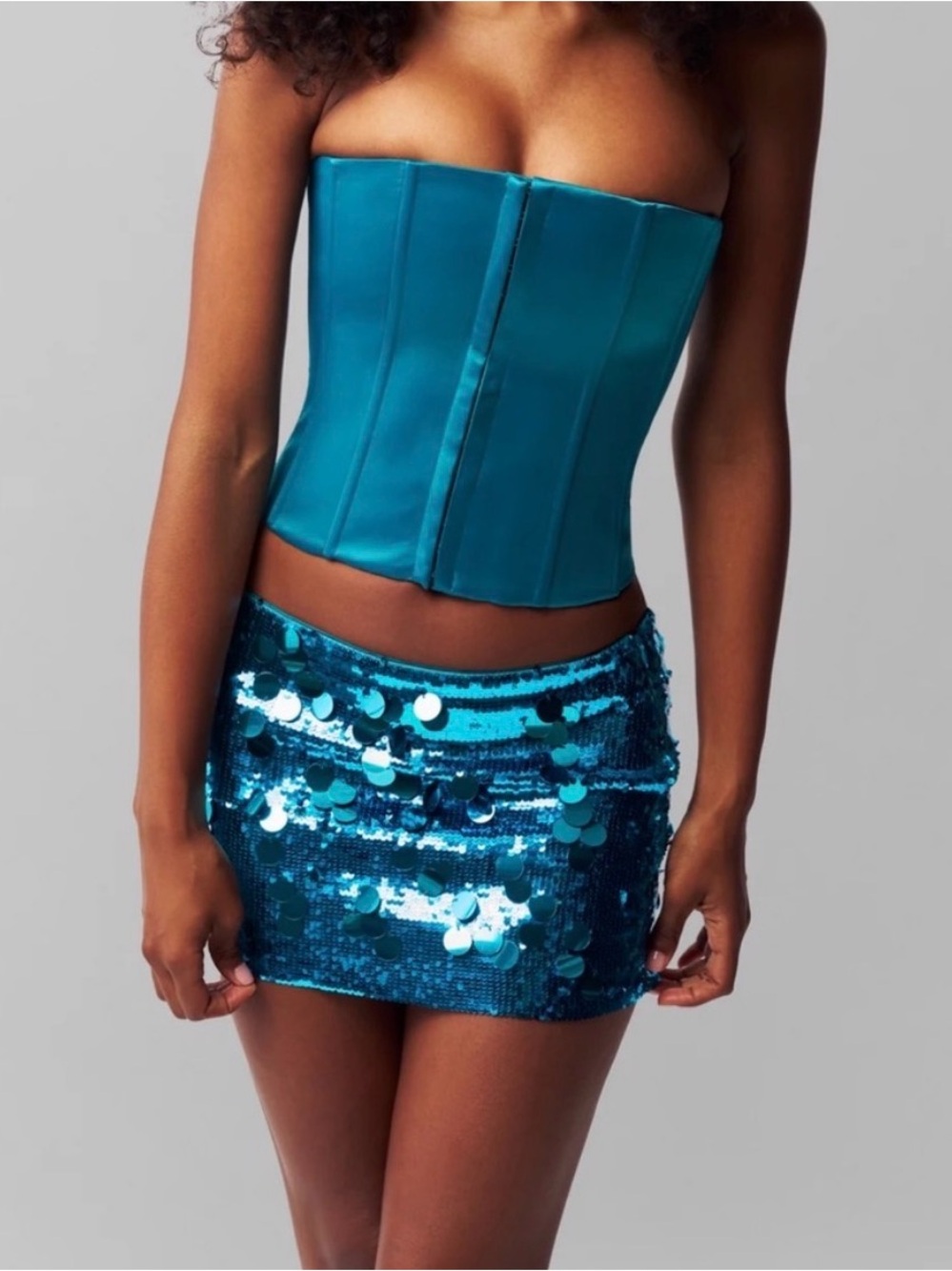 Danielle Guizio Turquoise Strapless Satin Corset Top